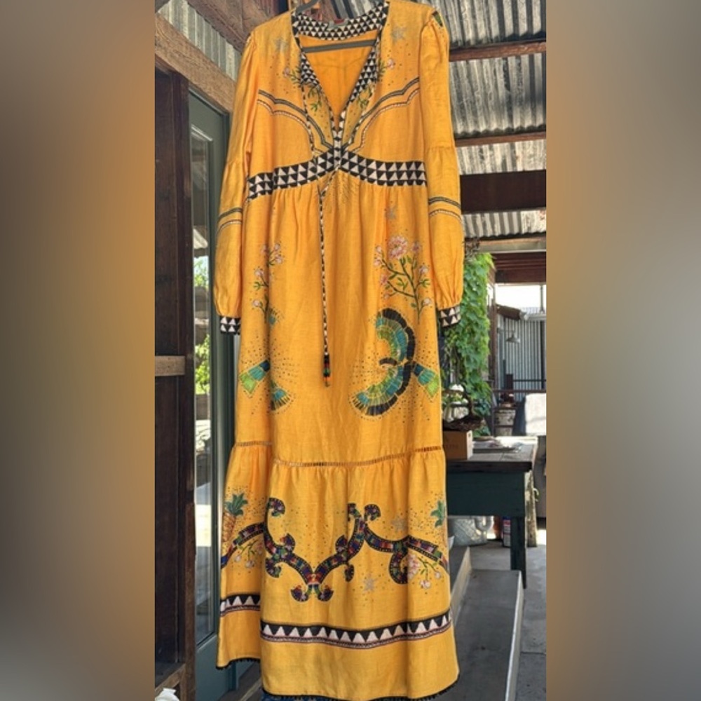 FARM Rio Yellow Long Sleeve Dress with Embroidery